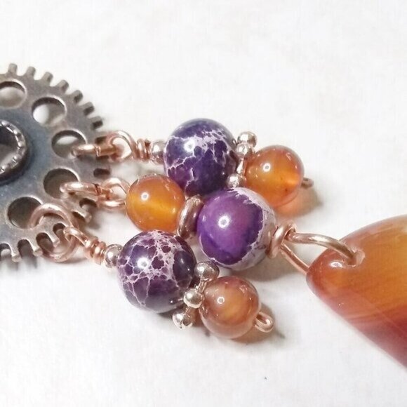 Snazzy! Orange Agate Purple Sea Sediment Jasper Copper Steampunk Suede Necklace - Picture 8 of 9